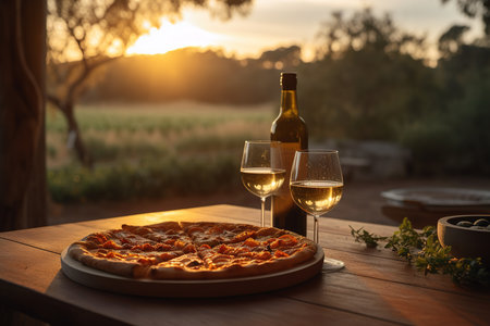 Italian pizza with an Italian nature sunset background. Generative AIの写真素材