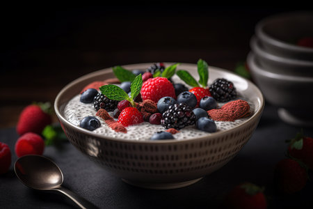 A photograph of a bowl of creamy coconut chia pudding. Generative AIの写真素材