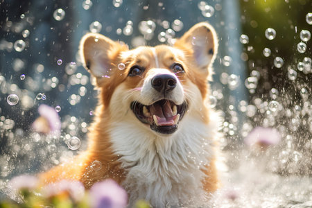 Corgi dog is taking bath with foam and bubbles. Generated aiの素材