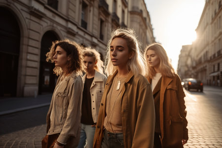 A group of fashion and stylish young models posing on streets during sunlight. Generative Aiの素材