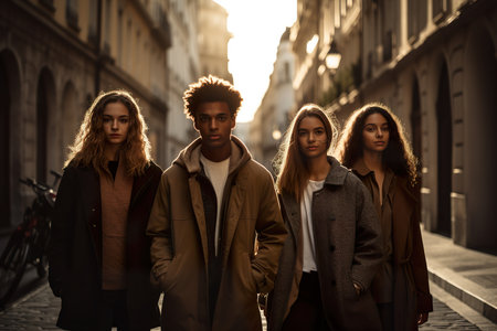 A group of fashion and stylish young models posing on streets during sunlight. Generative Aiの素材