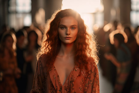Young fashion model walking at a Fashion show during warm spotlights on background. Generative Aiの素材