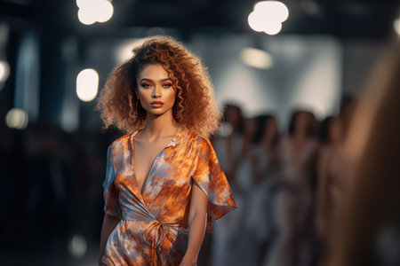 Young fashion model with curly hair walking at a Fashion show during warm spotlights on background. Generative Aiの素材