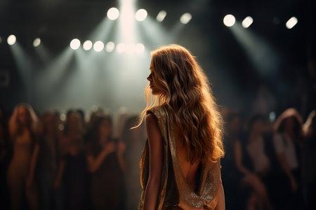 Young fashion model walking at a Fashion show during warm spotlights on background. Generative Aiの素材