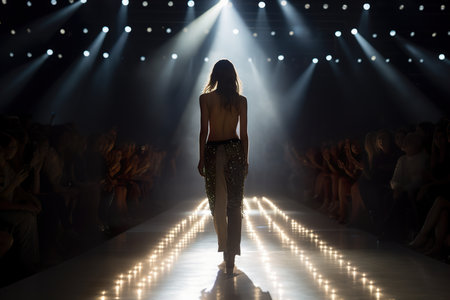Young fashion model walking at a Fashion show during warm spotlights on background. Generative Aiの素材