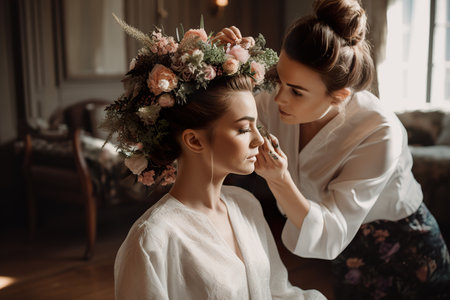 Hair stylist makes the bride a wedding hairstyle with fresh flowers. Generative Aiの素材