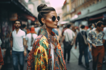 A fashion influencer in bright clothes on the street. Generative Aiの素材