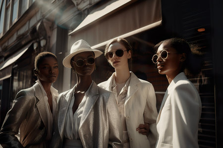 A group of fashion and stylish young models in sunglasses posing on NY streets during sunlight. Generative Aiの素材