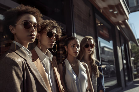 A group of fashion and stylish young models in sunglasses posing on NY streets during sunlight. Generative Aiの素材