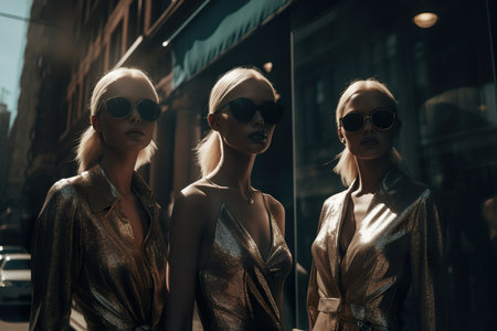A group of fashion and stylish young models in sunglasses posing on NY streets during sunlight. Generative Aiの素材