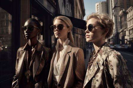 A group of fashion and stylish young models in sunglasses posing on NY streets during sunlight. Generative Aiの素材