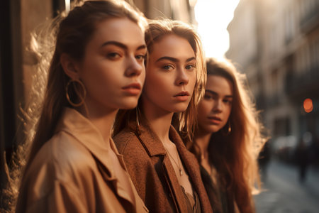 A group of fashion and stylish young models posing on NY streets during sunlight. Generative Aiの素材