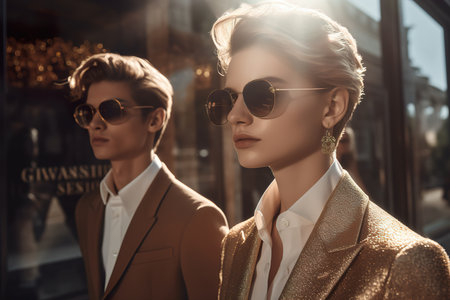 Couple of fashion and stylish young models in sunglasses posing on NY streets during sunlight. Generative Aiの素材