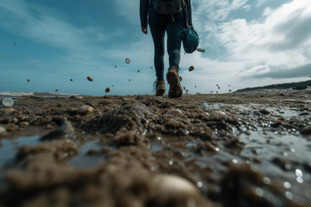 A person stands on a beach littered with plastic garbage and industrial waste. Generative Aiの写真素材