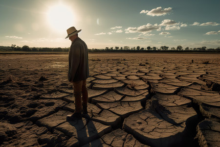 farmer standing on dry cracked earth. The land is not suitable for crops. Generative Aiの写真素材