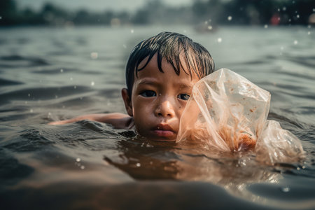 portrait photo of sad child eyes standing in polluted water full of plastic bags. Generative Aiの写真素材