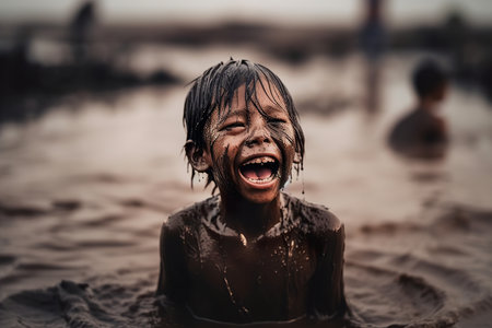 shout and crying child in dirt standing in polluted river. Generative Aiの写真素材