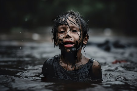 shout and crying child in dirt standing in polluted river. Generative Ai