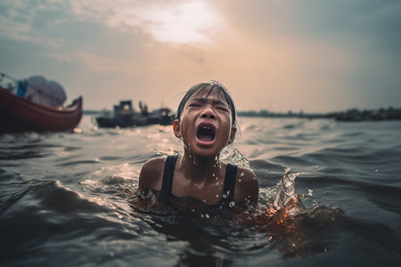 shout and crying child in dirt standing in polluted river. Generative Aiの写真素材