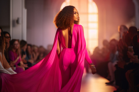 Stylish model woman walk on podium in magenta color dress in fashion show. Generative aiの素材