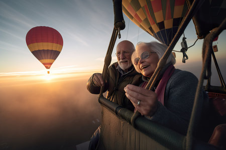 An elderly couple is having a great time in a balloon in the sky at sunset . Generative Aiの写真素材