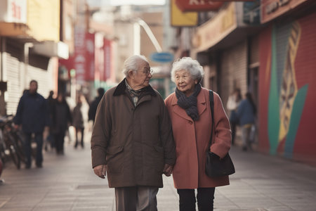 Elderly asian couple in color wear walks he street. Generative Aiの写真素材