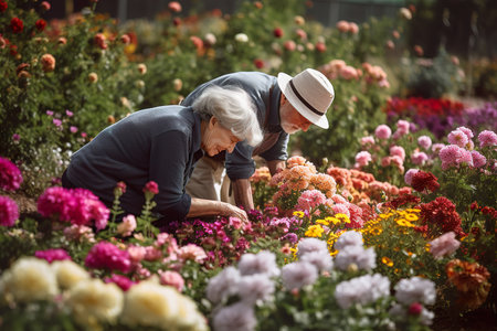 Elderly couple take care with flowers plants in garden together. Generative Aiの素材