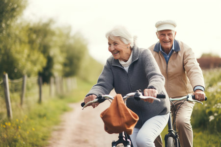 Happy Elderly couple riding bicycles in park outdoor. Generative Aiの写真素材