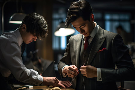 Male mature tailor works on elegant business or wedding suit. Generative Aiの素材