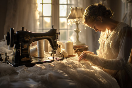 Young dressmaker woman sews clothes on sewing machineの素材