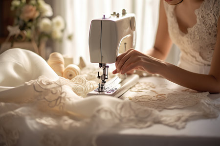 Woman is sewing wedding dress on modern machine in cozy workshop. Generative Aiの素材