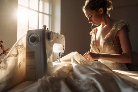 Woman is sewing wedding dress on modern machine in cozy workshop. Generative Aiの素材