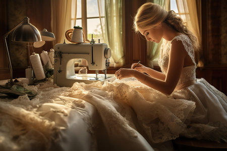 Woman is sewing dress on modern machine in cozy workshop. Generative Aiの素材