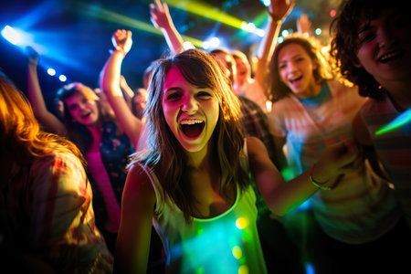 Happy teenagers enjoy a disco dancing. Generative Aiの素材