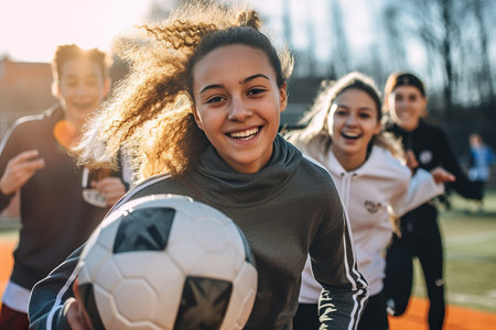 Happy teenagers playing soccer outdoors during daytime. Generative Aiの素材