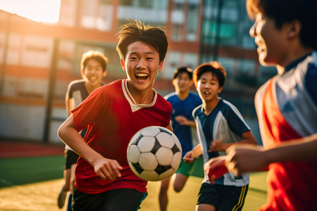 Happy teenagers playing soccer outdoors during daytime. Generative Aiの素材