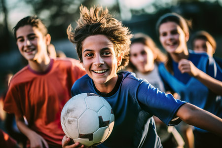 Happy teenagers playing soccer outdoors during daytime. Generative Aiの素材