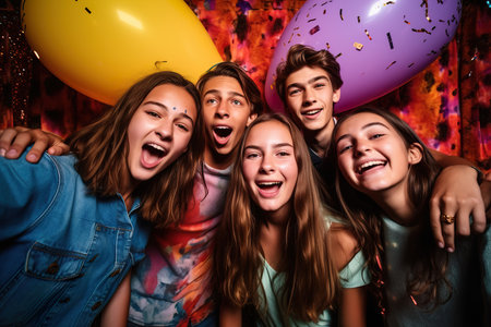 A happy group of teens celebrating birthday. Generative Aiの素材