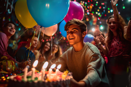 A young man celebrates his birthday with a cake and a group of friends. Generative Aiの素材