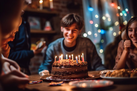 A young man celebrates his birthday with a cake and a group of friends. Generative Aiの素材
