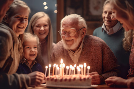 Smiling elderly person celebrating birthday with cake. Generative Aiの素材