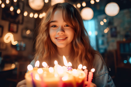 Young happy girl celebrating her birthday with birthday cake. Generative Aiの素材