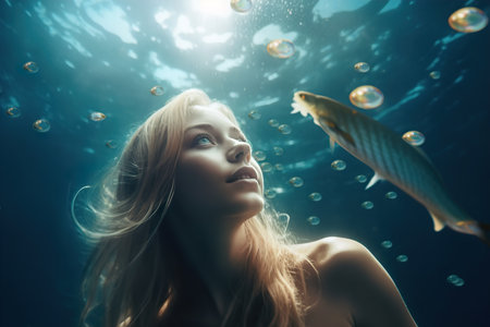 Attractive young woman swims with fishes underwater in the sea. Generative AIの素材