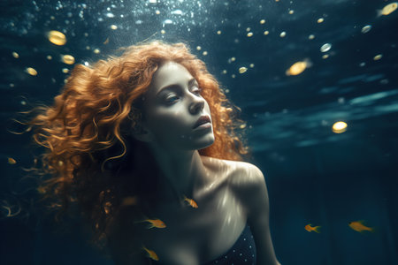 Portrait of a young woman with red curly hair swims underwater. Generative AIの素材