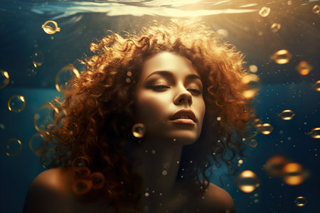 Portrait of a young woman with red curly hair swims underwater. Generative AIの素材