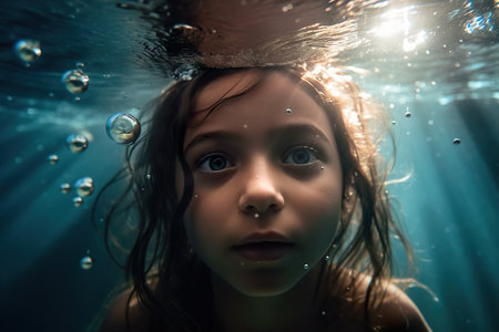 Attractive young child swims underwater in the sea. Generative AIの素材