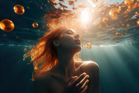 Portrait of a young woman with red curly hair swims underwater. Generative AIの素材