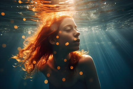 Portrait of a young woman with red curly hair swims underwater. Generative AIの素材