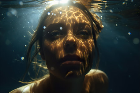Attractive young female swims underwater in the sea. Generative AIの素材