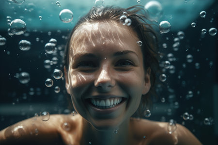 Attractive smiling womanswims underwater in the sea. Generative AIの素材